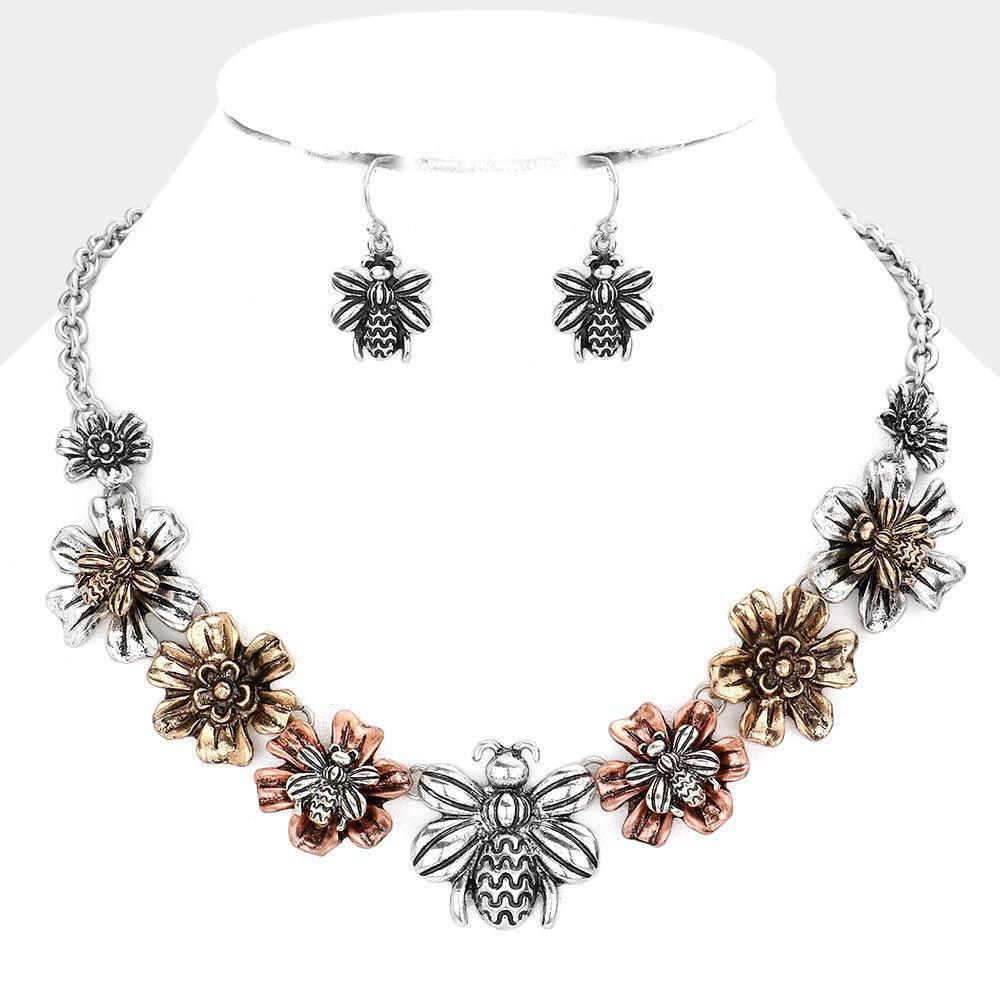 Three Tone Antique Metal Bumble Bee Flower Necklace - Jewelry Store by Erik Rayo