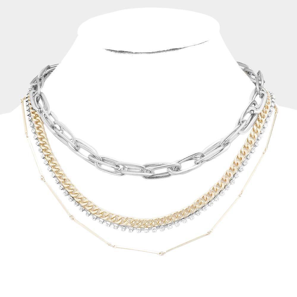 Two Tone Layered Rhinestone Metal Chain Link Necklace - Jewelry Store by Erik Rayo