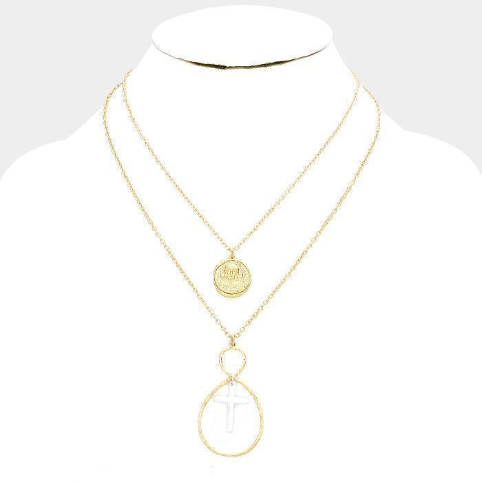 Silver Layered Jesus Metal Disc Cross Bib Necklace - Jewelry Store by Erik Rayo