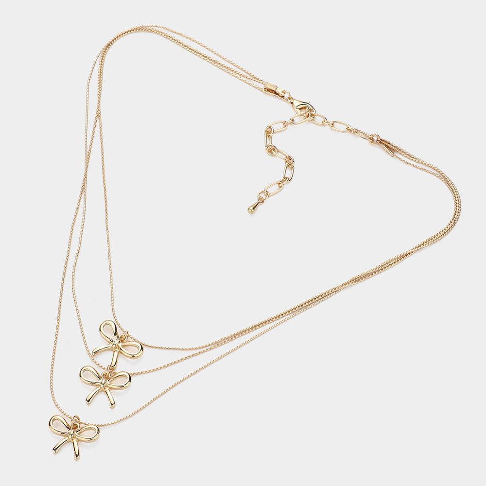 Gold Metal Bow Pendant Accented Triple Layered Necklace - Jewelry Store by Erik Rayo