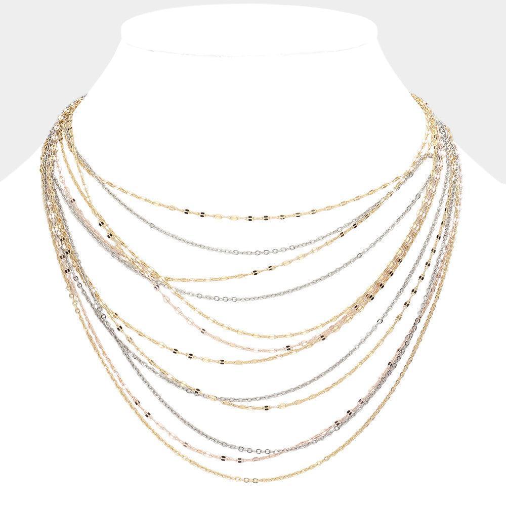 Three Tone Metal Chain Multi Layered Bib Necklace - Jewelry Store by Erik Rayo
