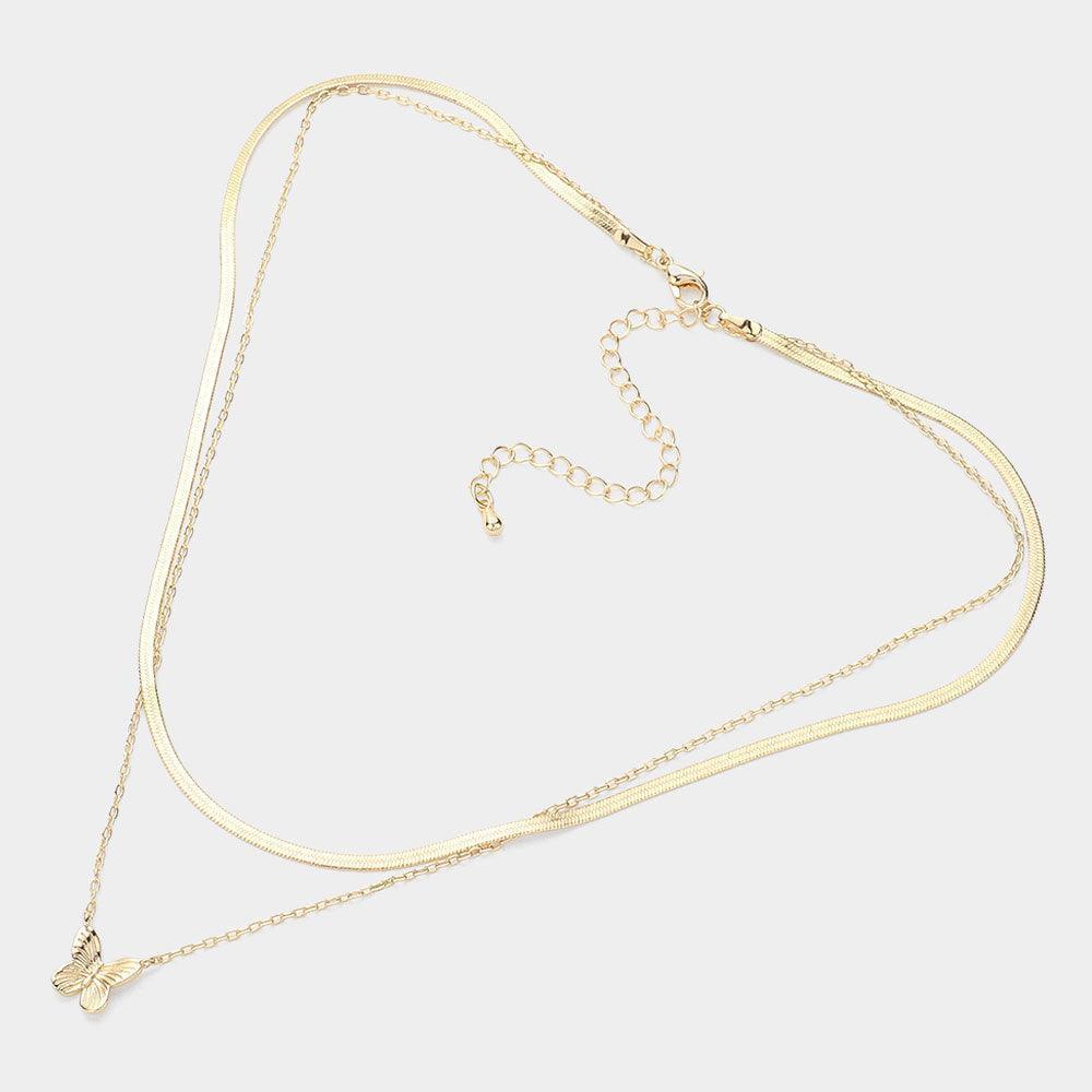 Gold Metal Butterfly Pendant Pointed Double Layered Necklace - Jewelry Store by Erik Rayo