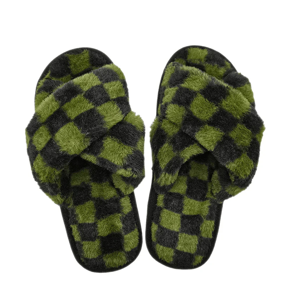 Olive Green 6Pairs - Checkerboard Faux Fur Crisscross Soft Home Indoor Floor Slippers - Jewelry Store by Erik Rayo