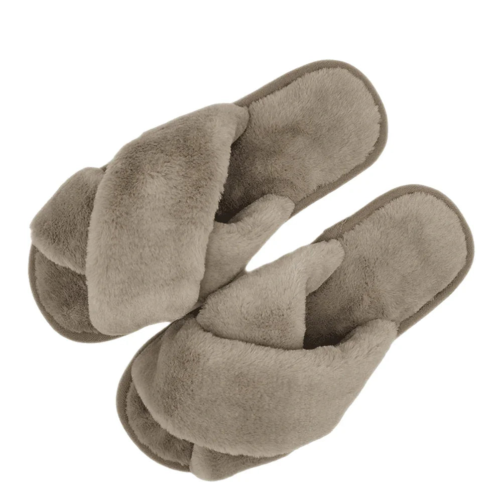 Taupe 6Pairs - Solid Crisscross Faux Fur Soft Home Indoor Floor Slippers - Jewelry Store by Erik Rayo