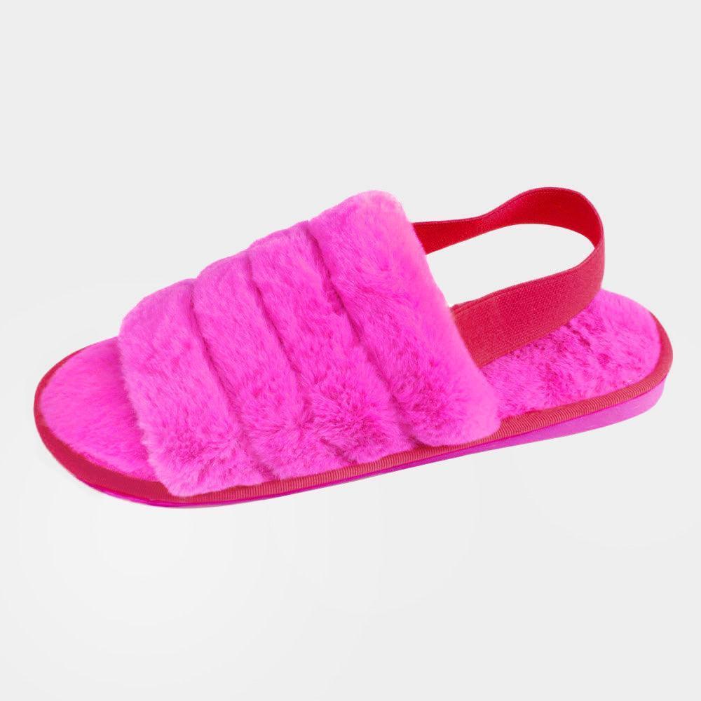 Fuchsia Fuzzy Faux Fur Elastic Slingback Strap Indoor Slide Slippers - Jewelry Store by Erik Rayo