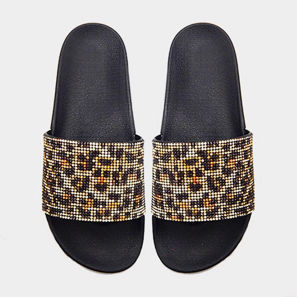Black Bling Leopard Patterned Slide Sandal Slippers - Jewelry Store by Erik Rayo