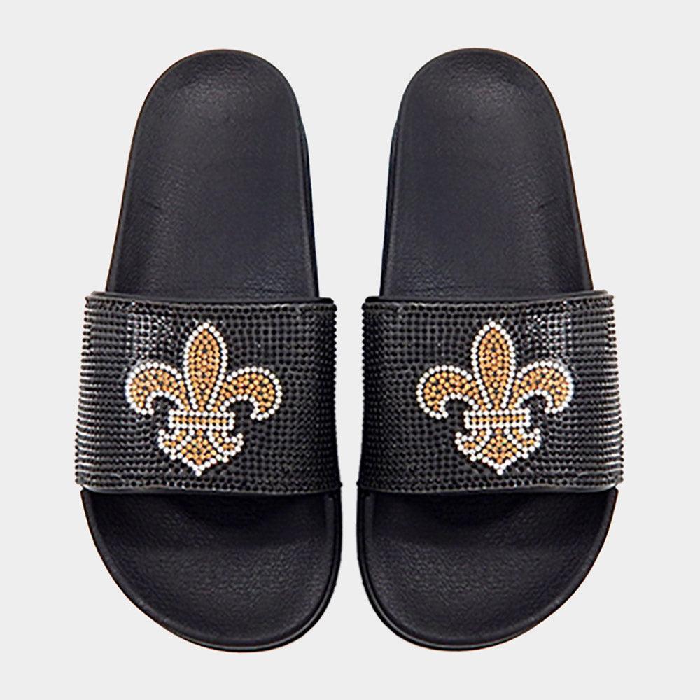 Black Bling Fleur de Lis Slide Sandal Slippers - Jewelry Store by Erik Rayo