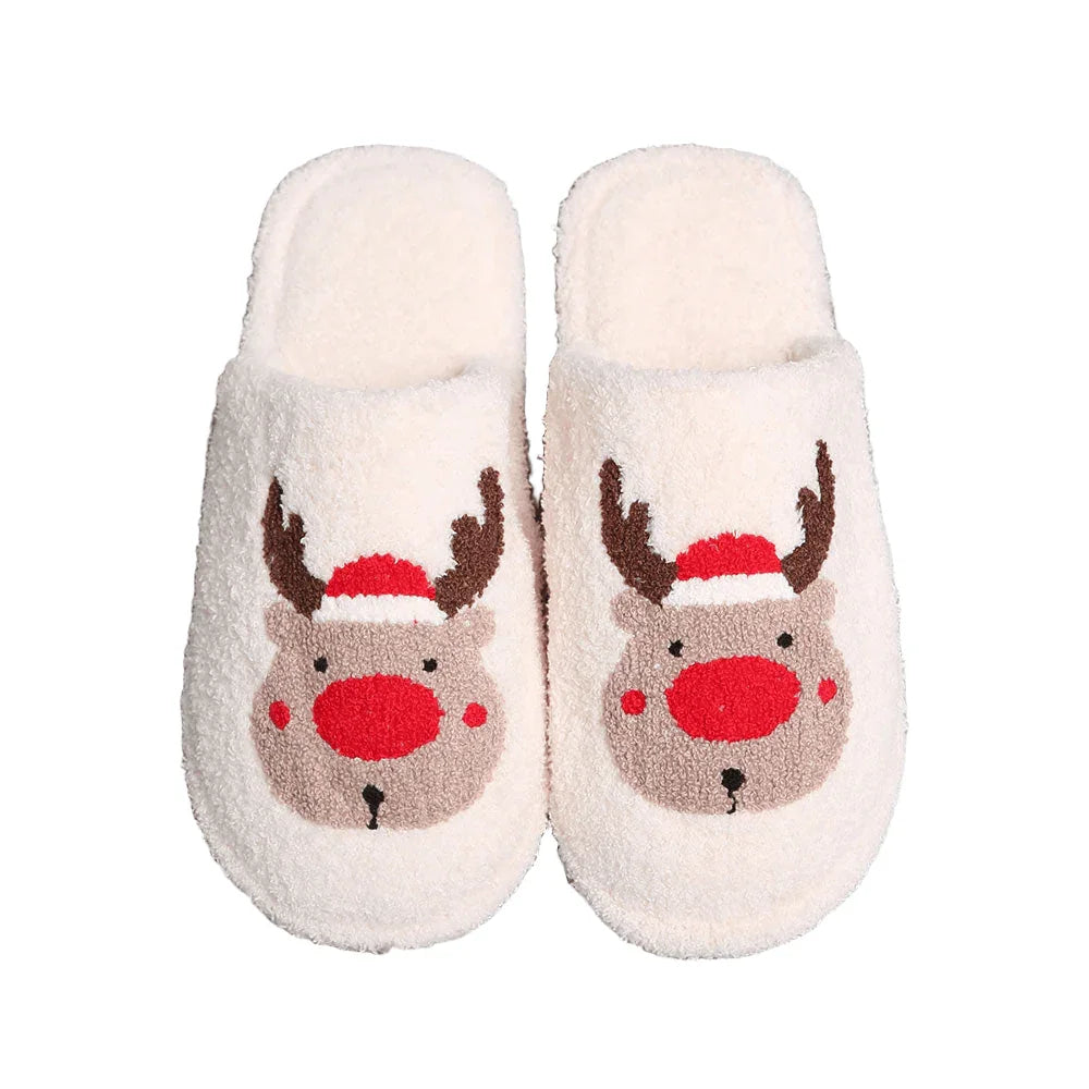 White Santa Hat Rudolph Print Soft Home Indoor Floor Slippers - Jewelry Store by Erik Rayo