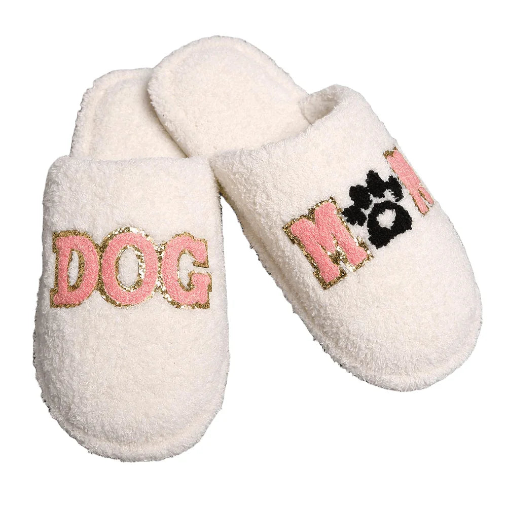 White Dog Mom Message Paw Pointed Soft Home Indoor Floor Slippers - Jewelry Store by Erik Rayo