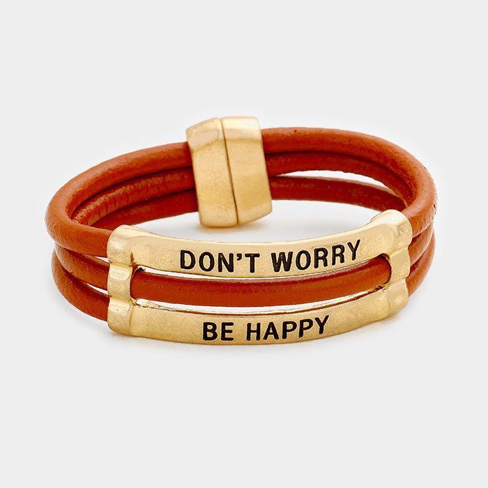 Gold Don't Worry Be Happy Faux Leather Magnetic Bracelet - Jewelry Store by Erik Rayo