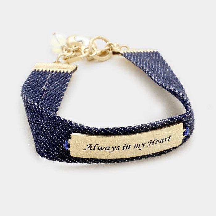 Gold Always in my heart message bar & denim toggle bracelet - Jewelry Store by Erik Rayo