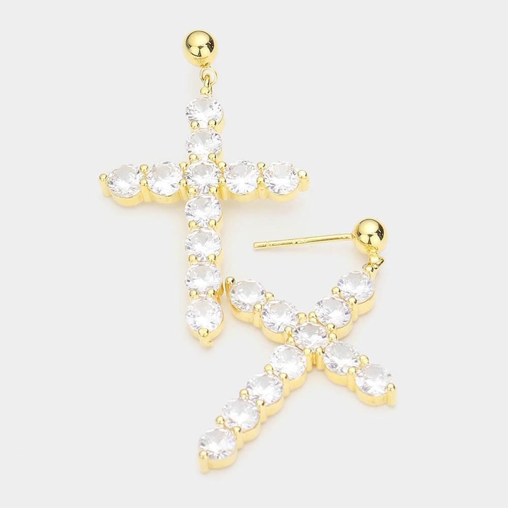Silver Gold Dipped CZ Embellished Cross Dangle Earrings - Jewelry Store by Erik Rayo
