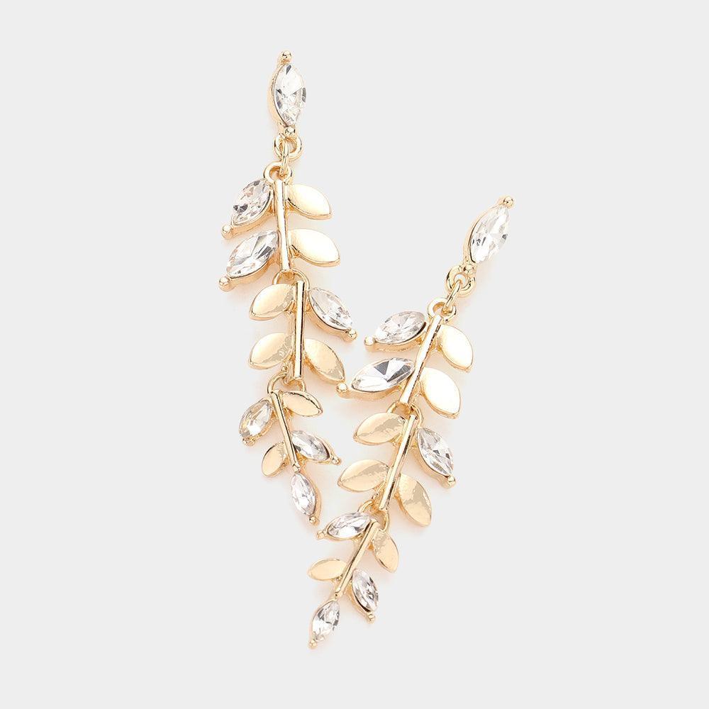 Gold Marquise Stone Accented Leaf Cluster Vine Dangle Earrings - Jewelry Store by Erik Rayo