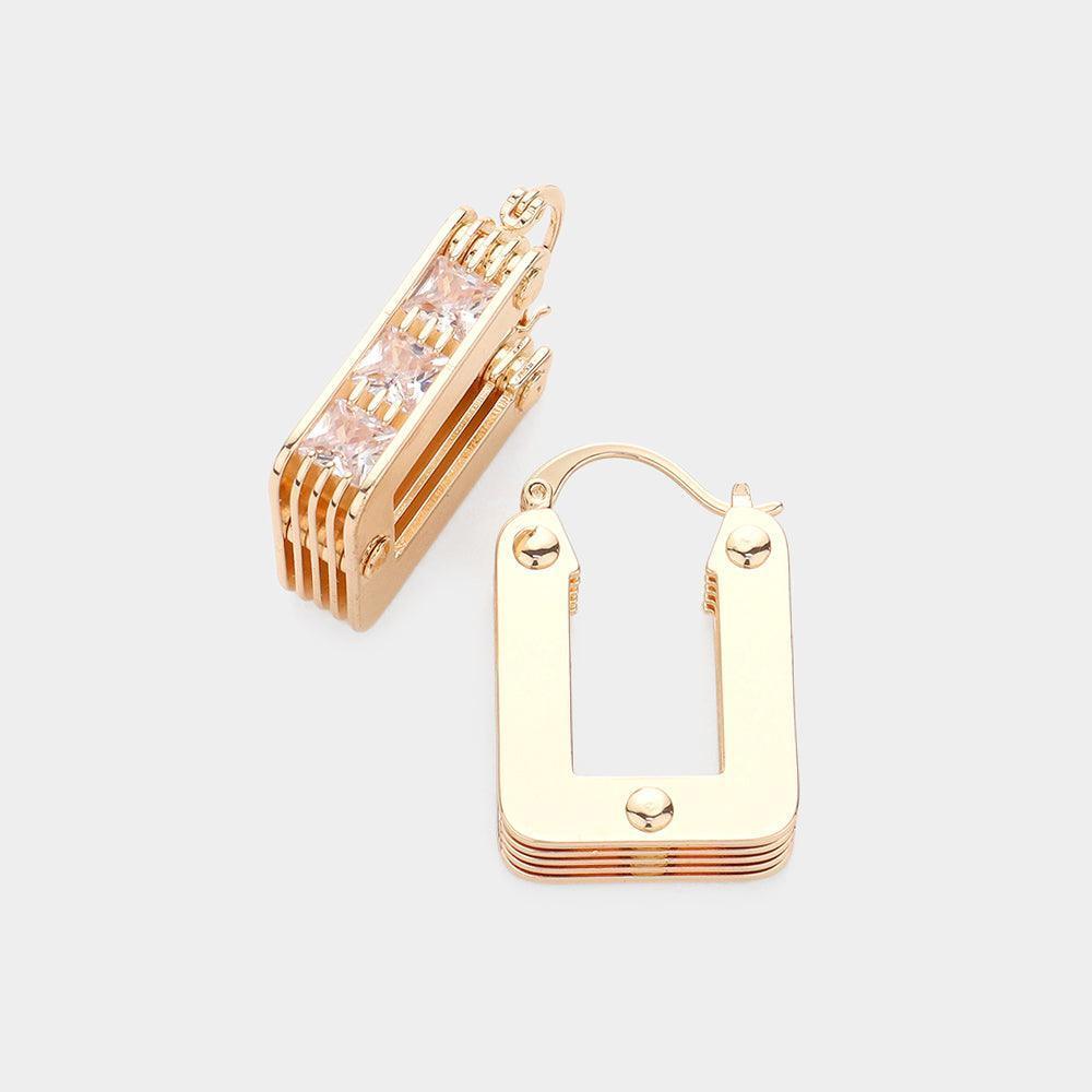 Gold Square Stone Embellished Brass Metal Rectangle Hoop Pin Catch Earrings - Jewelry Store by Erik Rayo