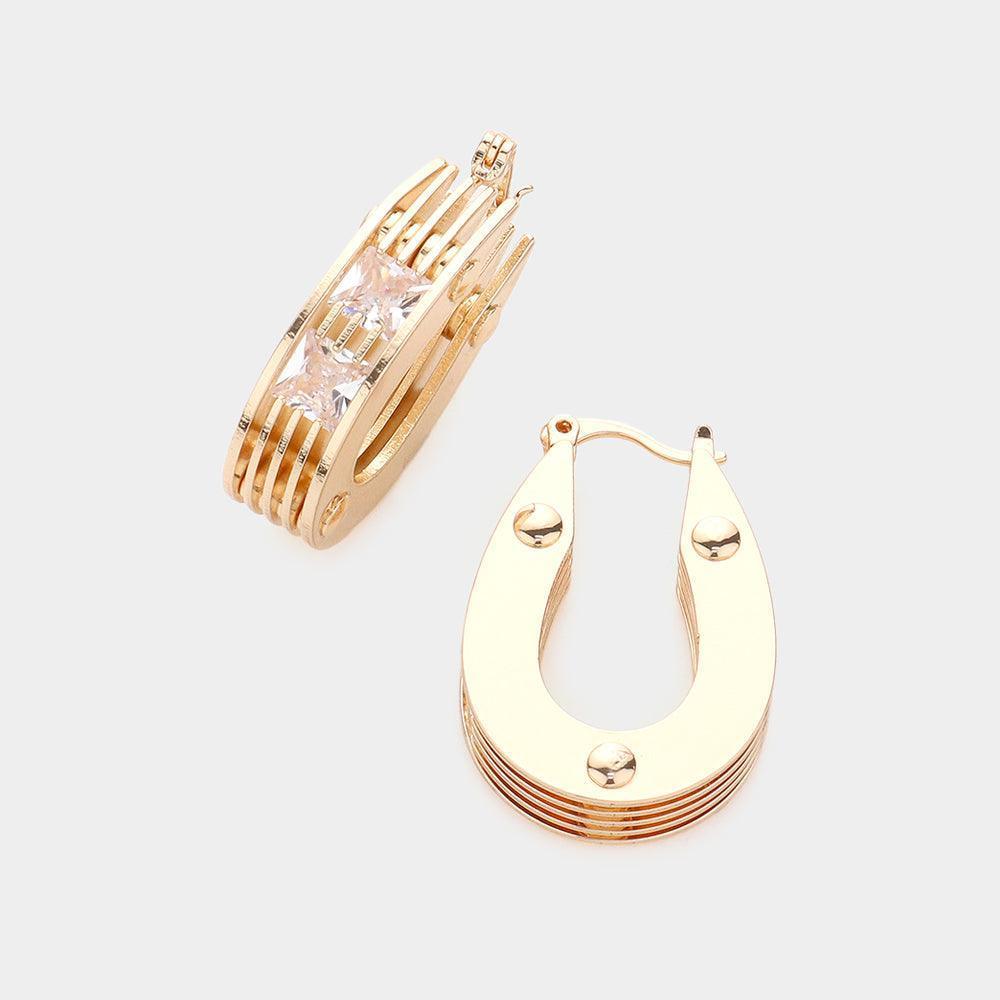Gold Square Stone Embellished Brass Metal Teardrop Hoop Pin Catch Earrings - Jewelry Store by Erik Rayo