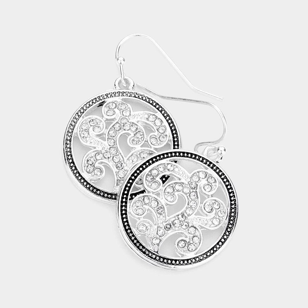 Silver Rhinestone Embellished Metal Round Dangle Earrings - Jewelry Store by Erik Rayo