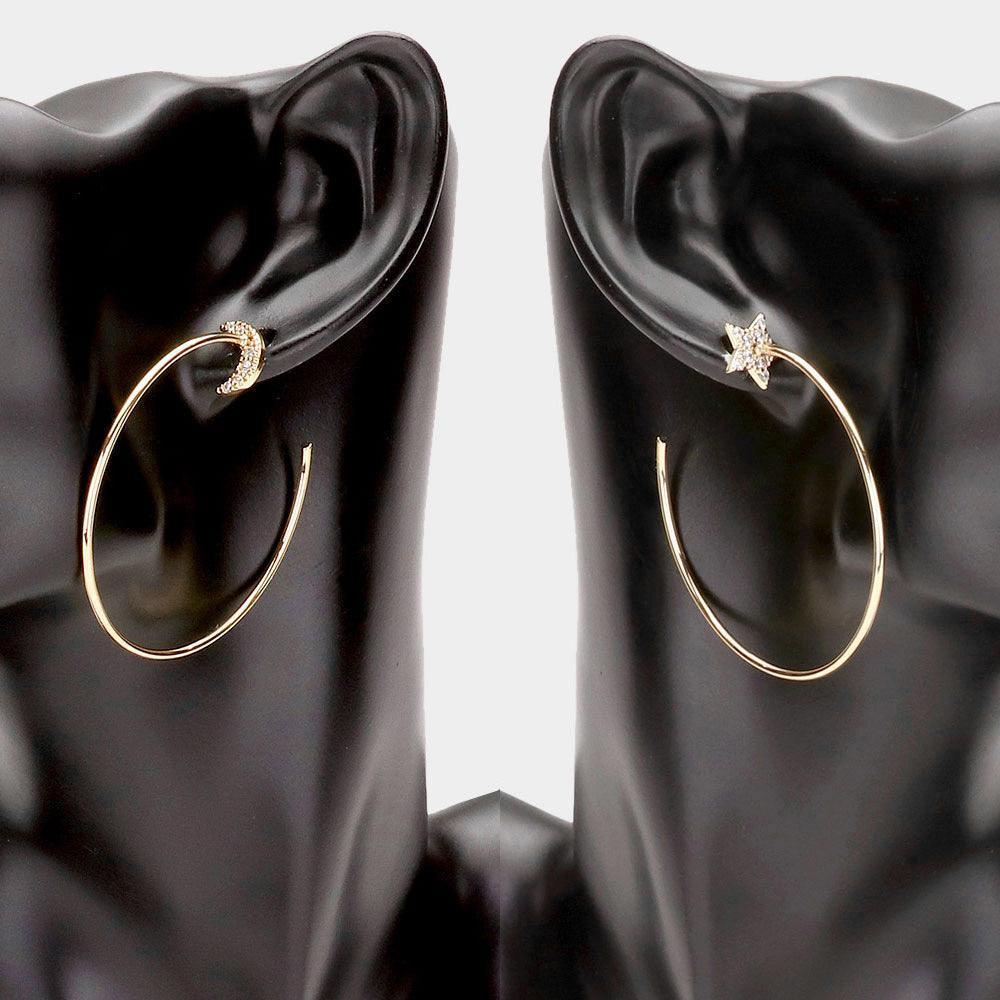 Gold Rhinestone Embellished Mismatched Crescent Moon Star Brass Metal Hoop Earrings - Jewelry Store by Erik Rayo