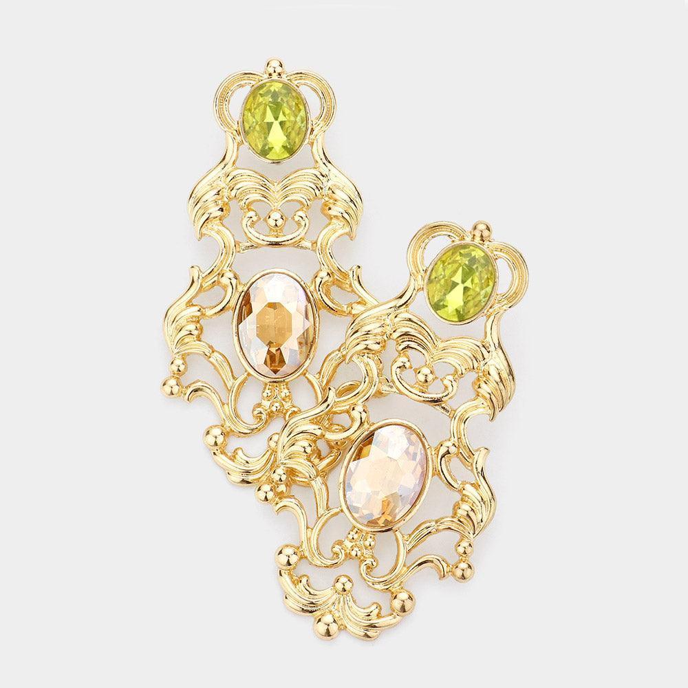 Peach Oval Stone Embellished Antique Patterned Metal Earrings - Jewelry Store by Erik Rayo