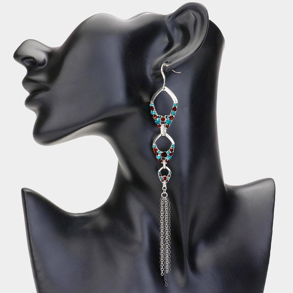 Blue Stone Embellished Metal Fringe Dropdown Earrings - Jewelry Store by Erik Rayo