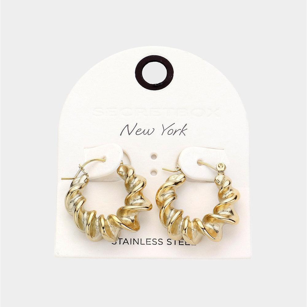 Gold Spiral Stainless Steel Pin Catch Hoop Earrings - Jewelry Store by Erik Rayo
