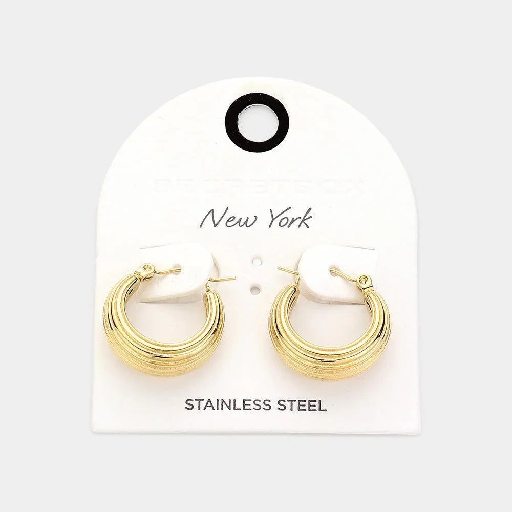 Gold Textured Stainless Steel Pin Catch Hoop Earrings - Jewelry Store by Erik Rayo