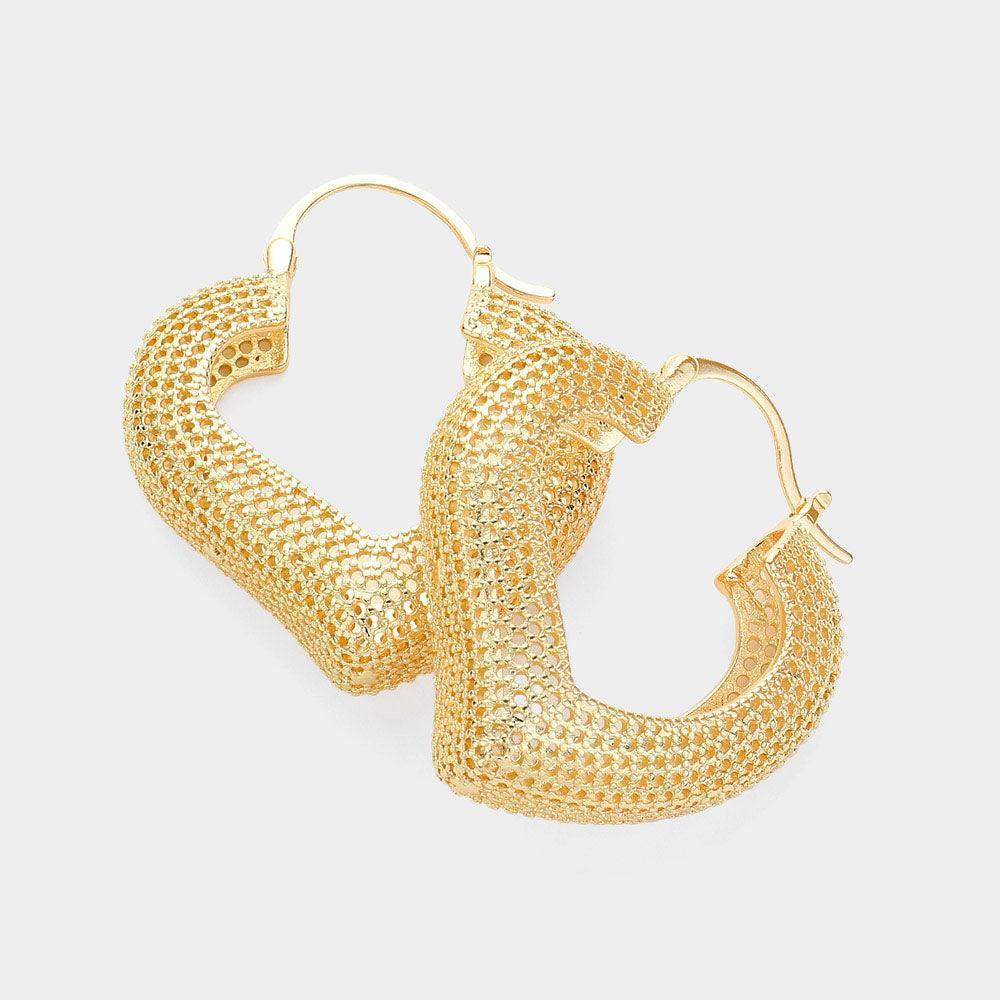 Gold Textured Metal Heart Hoop Pin Catch Earrings - Jewelry Store by Erik Rayo