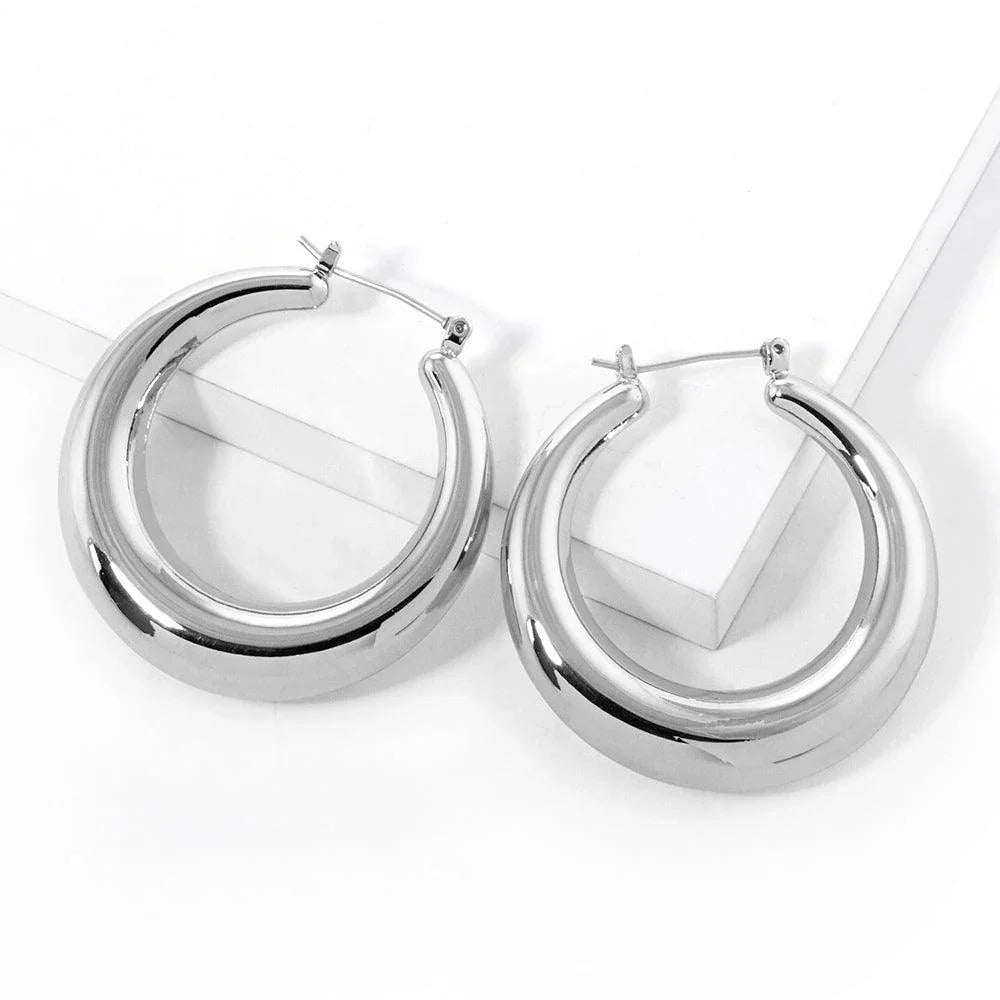 Gold White Gold Dipped 1.5 Inch Metal Hoop Pin Catch Earrings - Jewelry Store by Erik Rayo