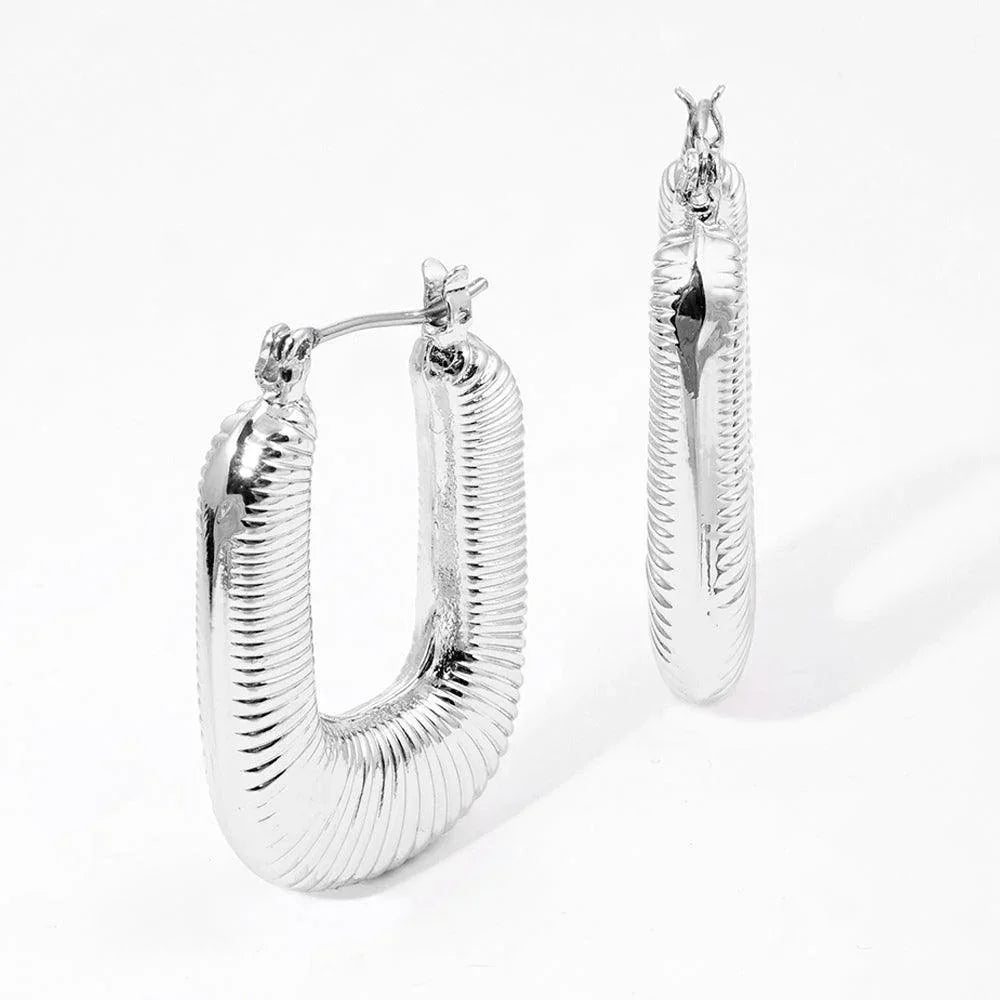 Gold White Gold Dipped Textured Metal Rectangle Hoop Pin Catch Earrings
