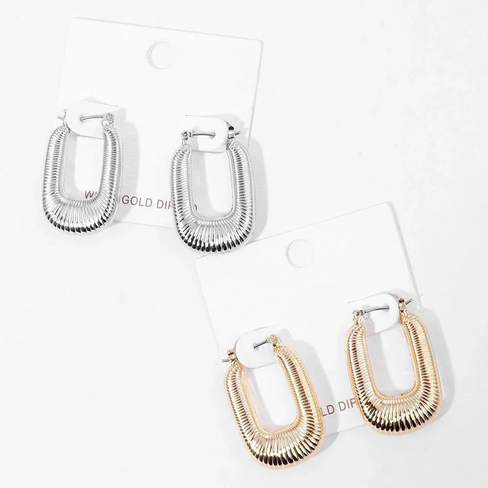 Gold White Gold Dipped Textured Metal Rectangle Hoop Pin Catch Earrings