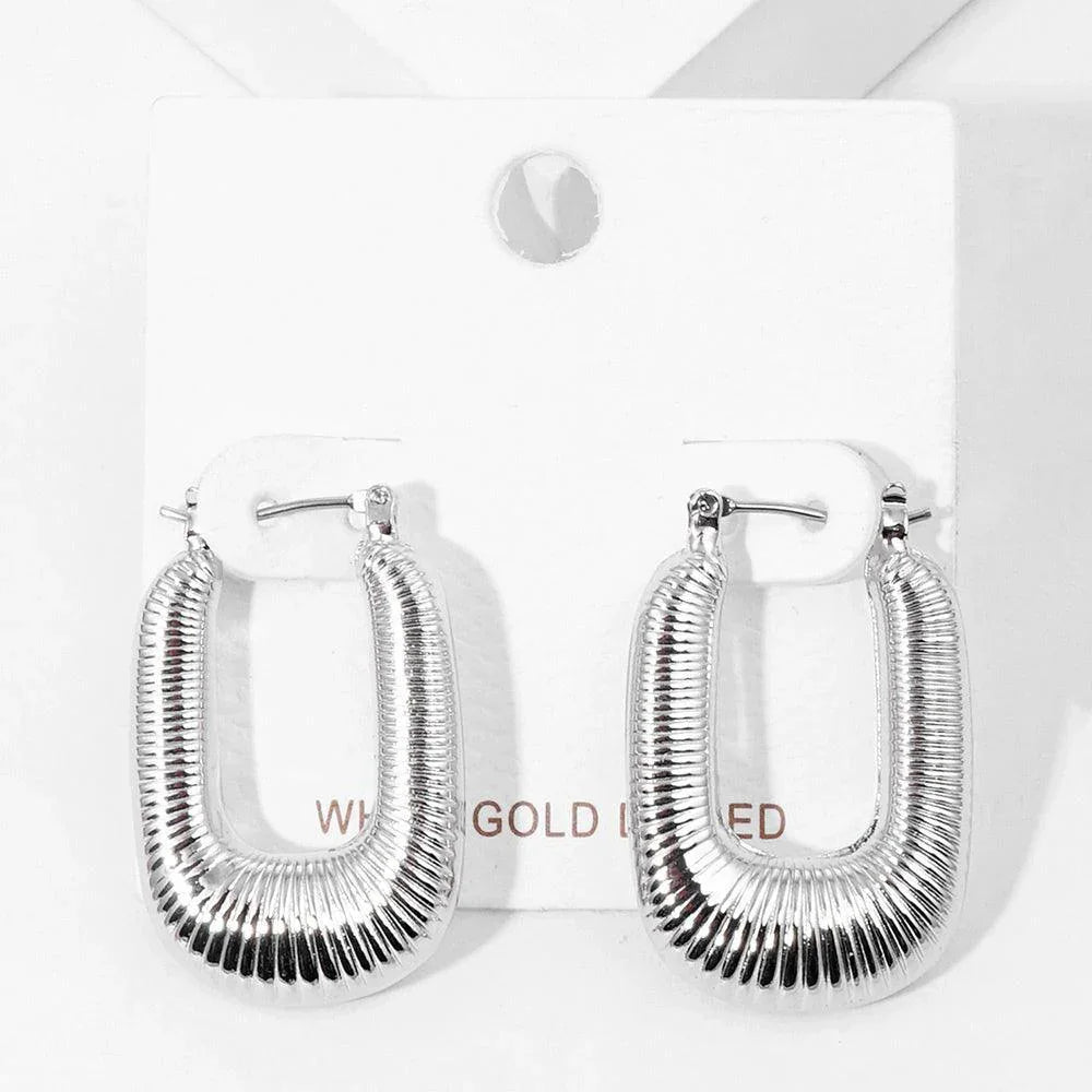 Gold White Gold Dipped Textured Metal Rectangle Hoop Pin Catch Earrings