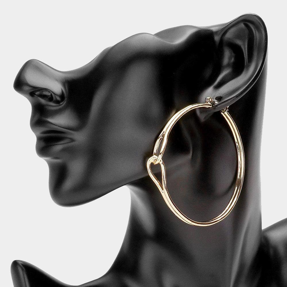 Gold Link Detailed Metal Hoop Pin Catch Earrings - Jewelry Store by Erik Rayo