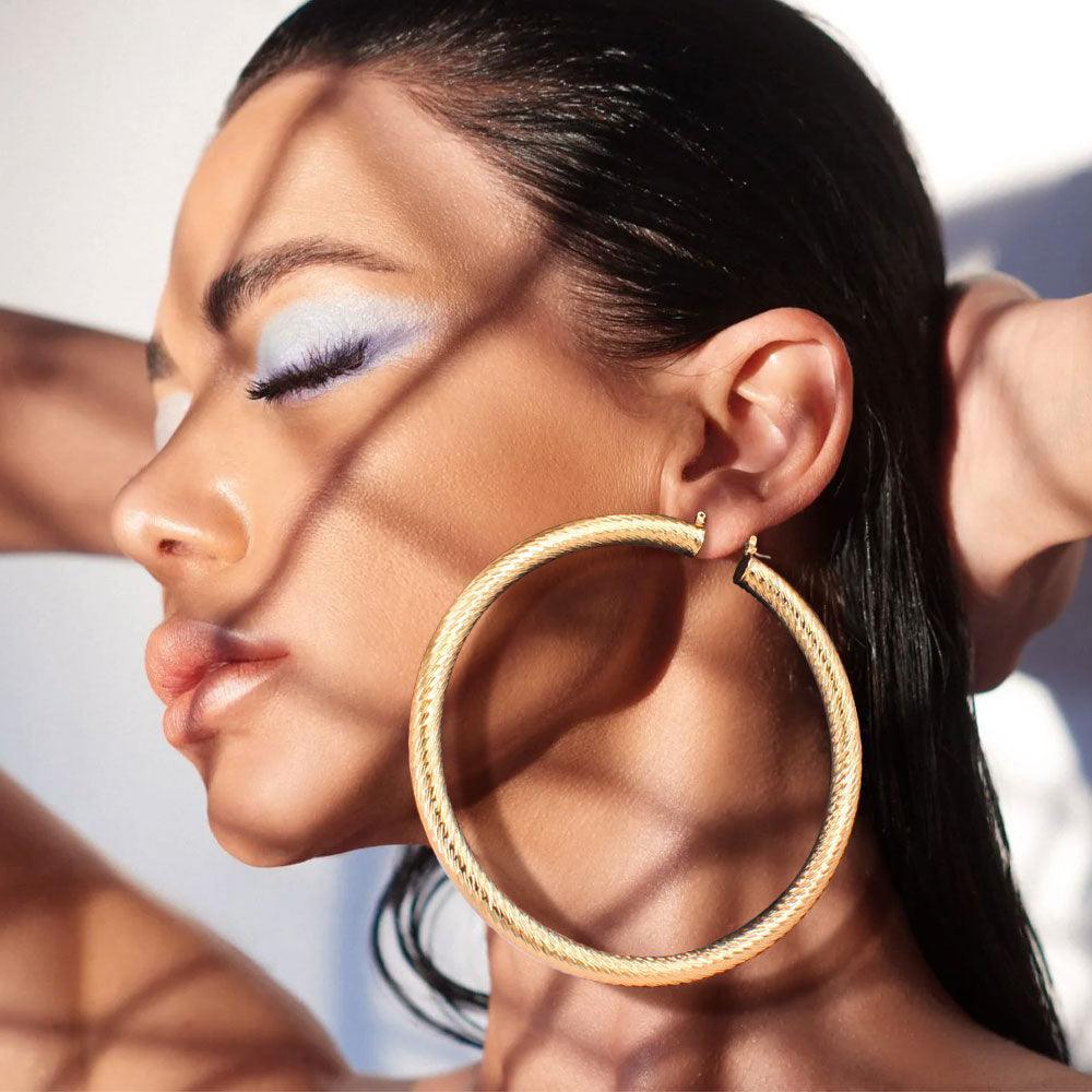 Gold Textured Metal 4 Inch Hoop Pin Catch Earrings - Jewelry Store by Erik Rayo
