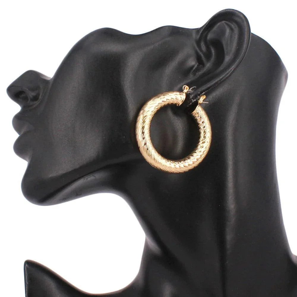 Gold Textured Metal 1.75 Inch Hoop Pin Catch Earrings - Jewelry Store by Erik Rayo