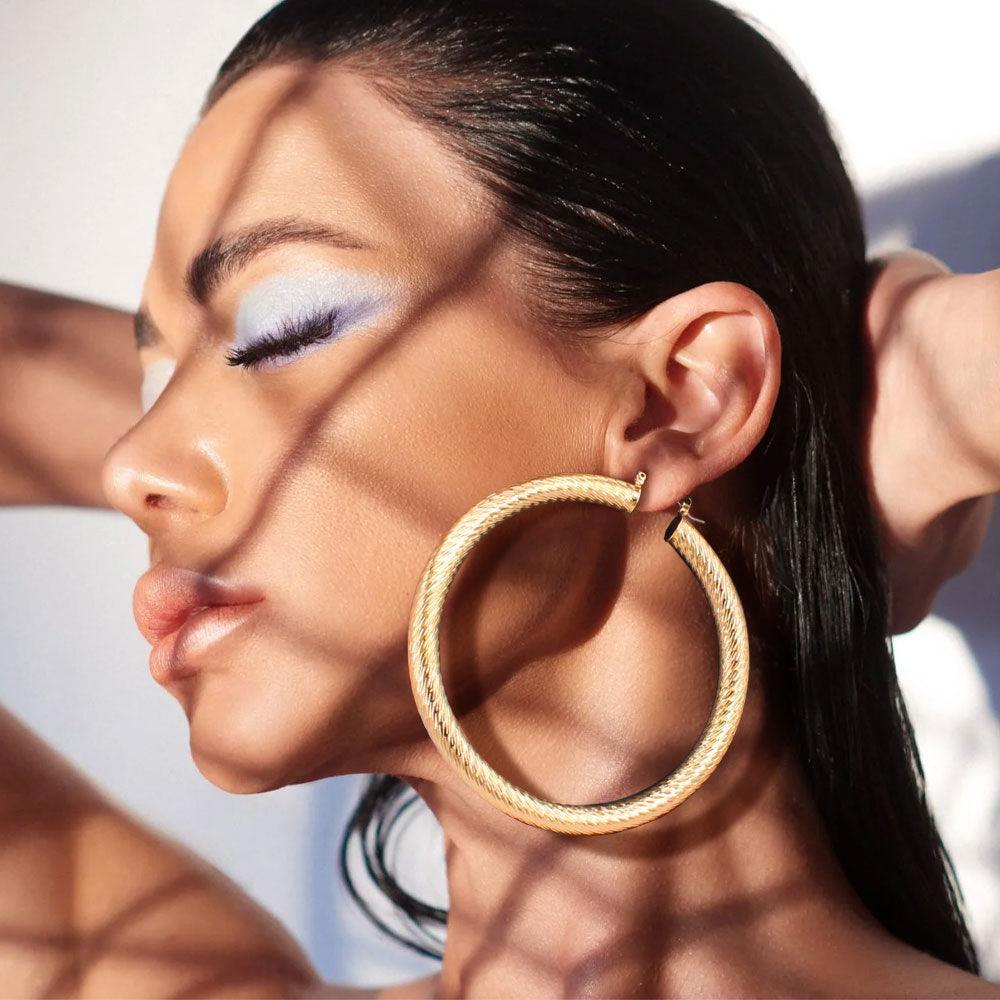 Gold Textured Metal 3 Inch Hoop Pin Catch Earrings - Jewelry Store by Erik Rayo