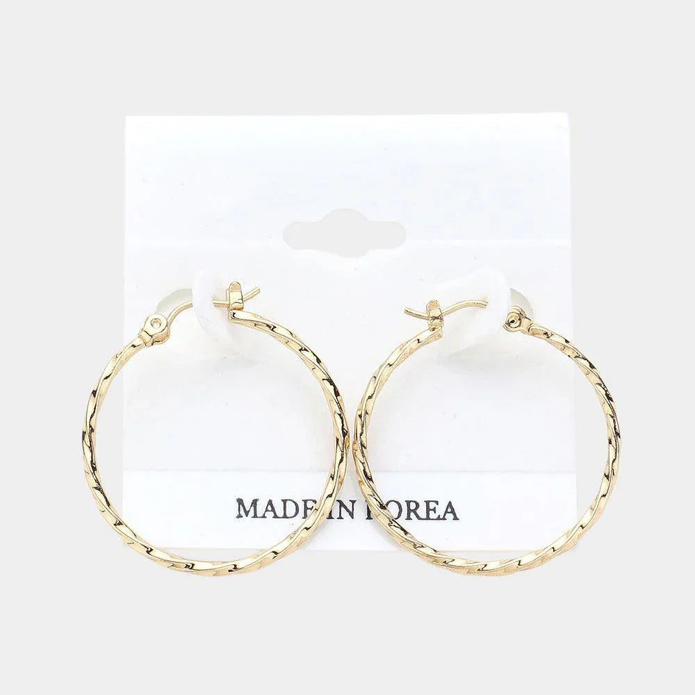 Gold Textured Metal Hoop Pin Catch Earrings - Jewelry Store by Erik Rayo