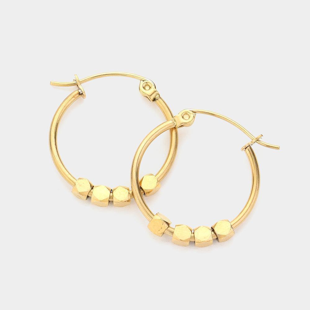 Gold Stainless Steel Bean Decorative Hoop Pin Catch Earrings - Jewelry Store by Erik Rayo