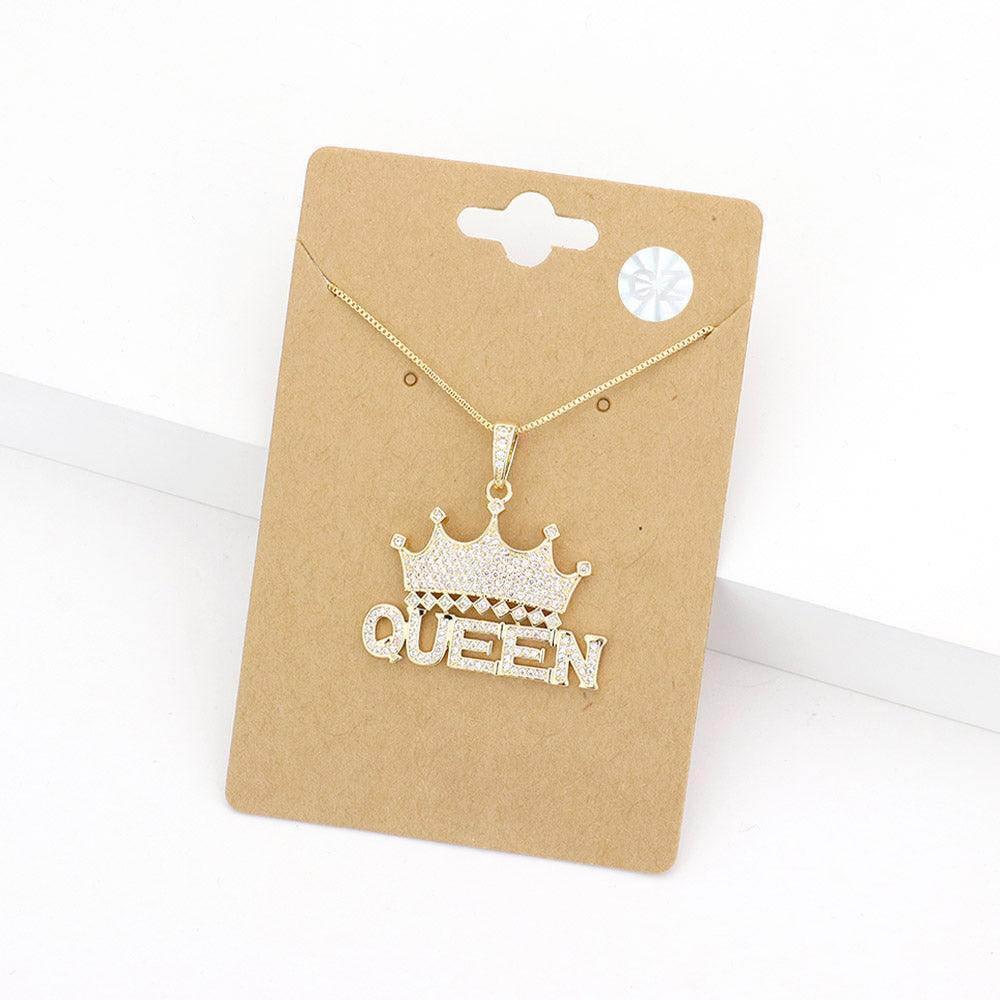 Gold CZ Queen Message Crown Pendant Necklace - Jewelry Store by Erik Rayo
