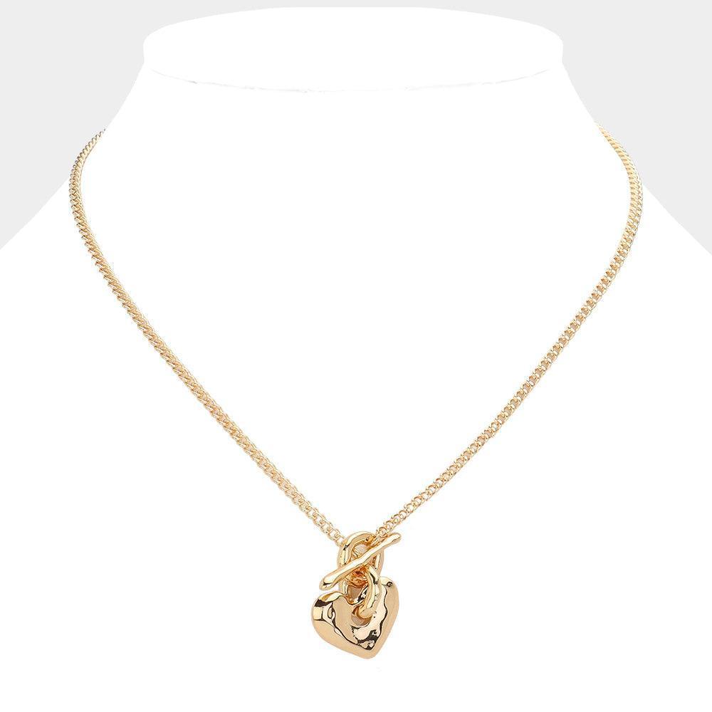 Gold Hammered Metal Heart Pendant Toggle Necklace - Jewelry Store by Erik Rayo