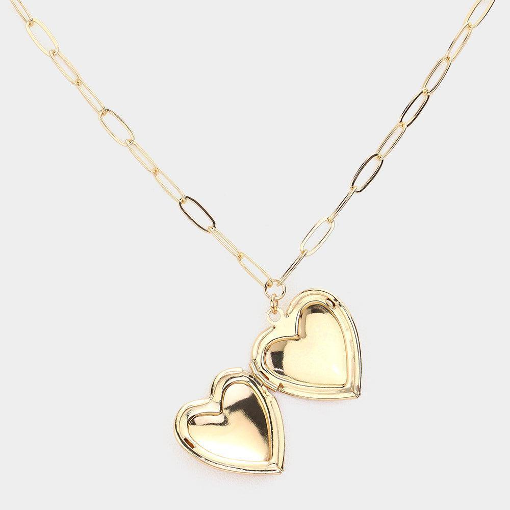 Gold Matte Metal Heart Locket Pendant Paperclip Chain Necklace - Jewelry Store by Erik Rayo