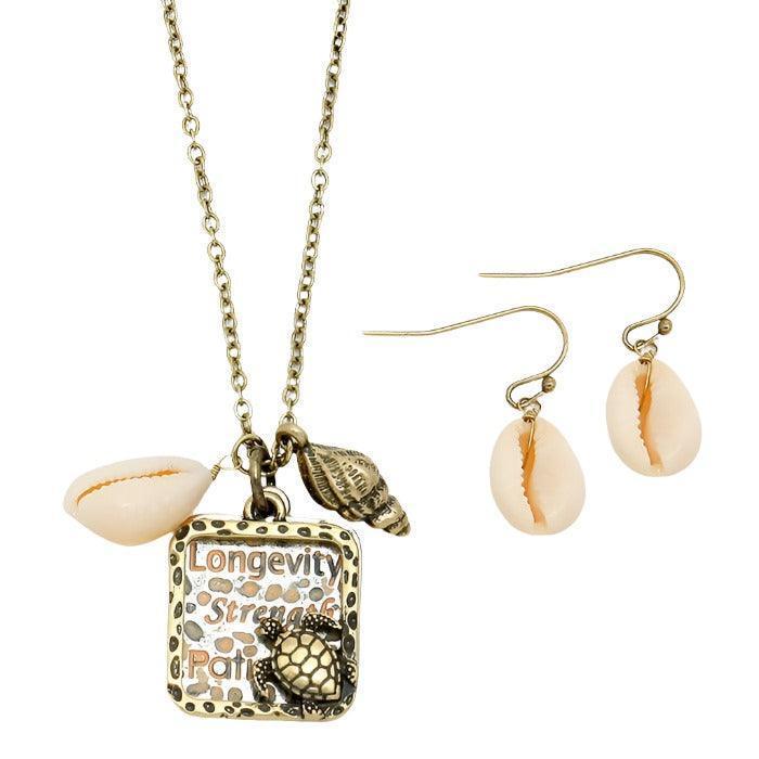 Peach "Longevity Strength" Turtle Cut out Disc Pendant & Shell Charm Necklace - Jewelry Store by Erik Rayo