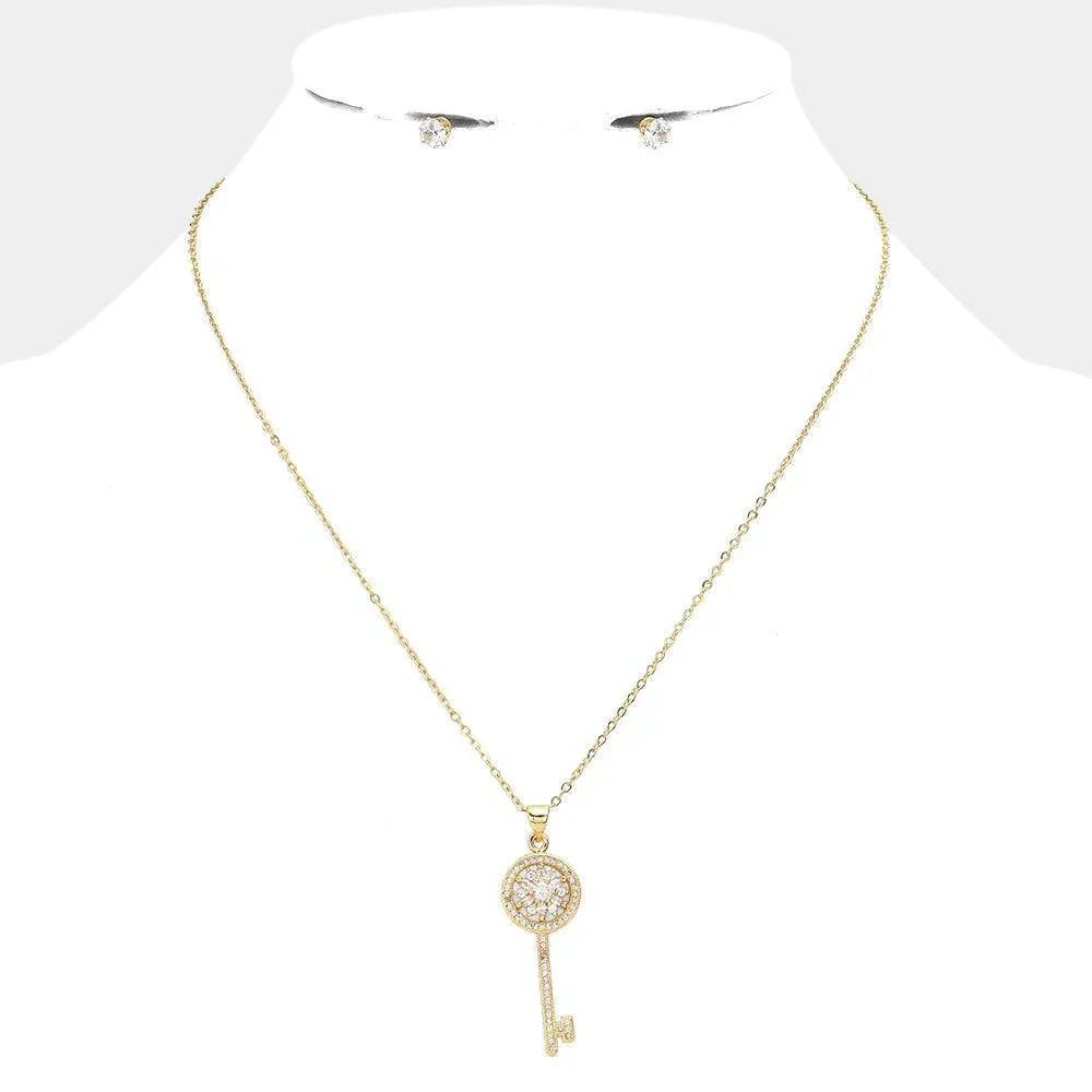 Gold CZ Embellished Key Pendant Stainless Steel Necklace - Jewelry Store by Erik Rayo