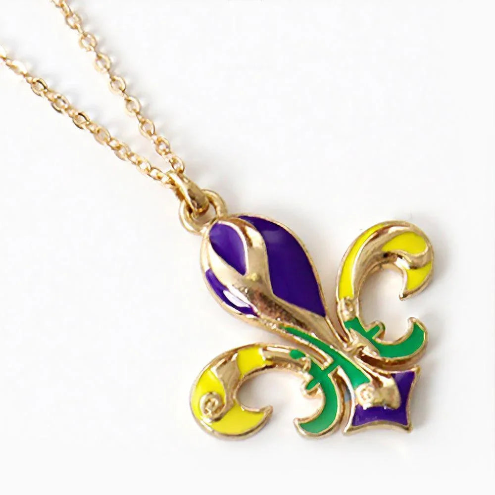 Gold Mardi Gras Enamel Fleur de Lis Pendant Necklace - Jewelry Store by Erik Rayo