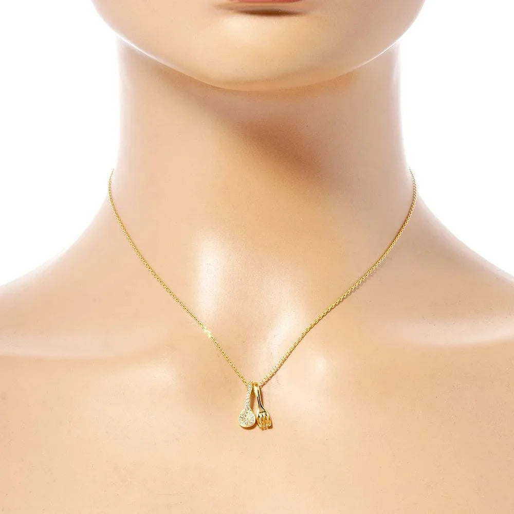 Gold Gold Dipped Stone Paved Spoon Fork Pendant Necklace - Jewelry Store by Erik Rayo
