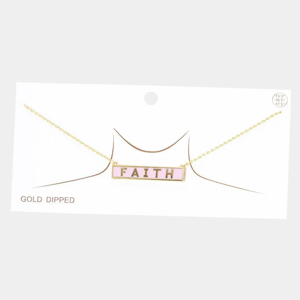 Pink FAITH Gold Dipped Enamel Rectangle Message Pendant Necklace - Jewelry Store by Erik Rayo