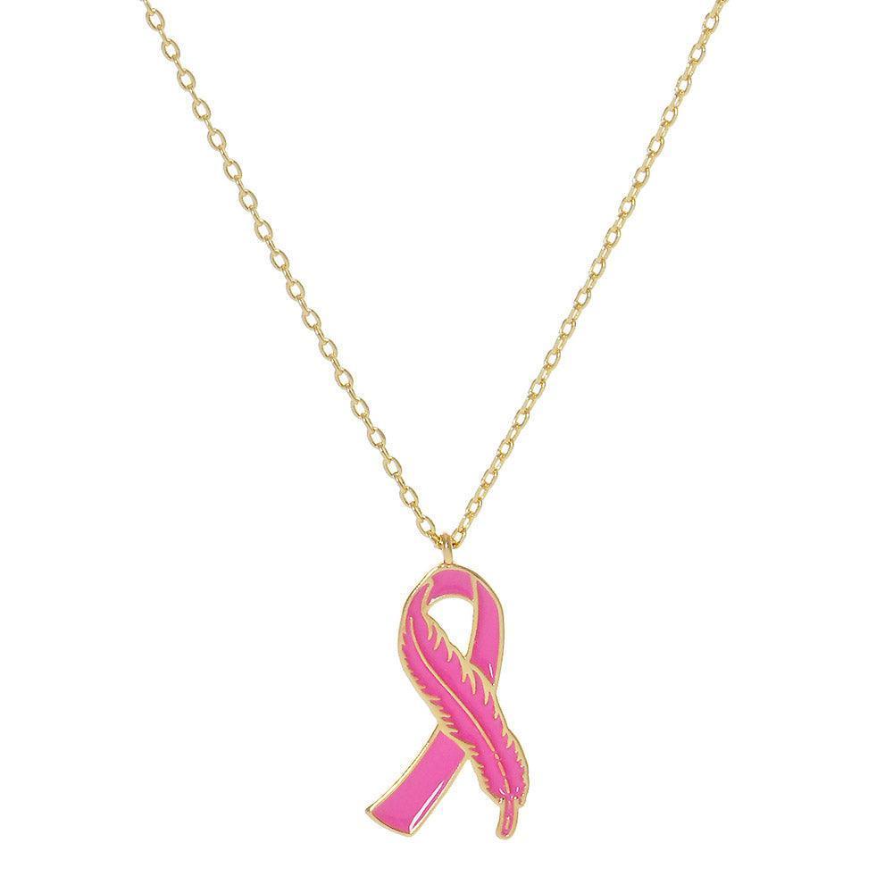 Gold Gold Dipped Enamel Feather Detailed Pink Ribbon Pendant Necklace - Jewelry Store by Erik Rayo