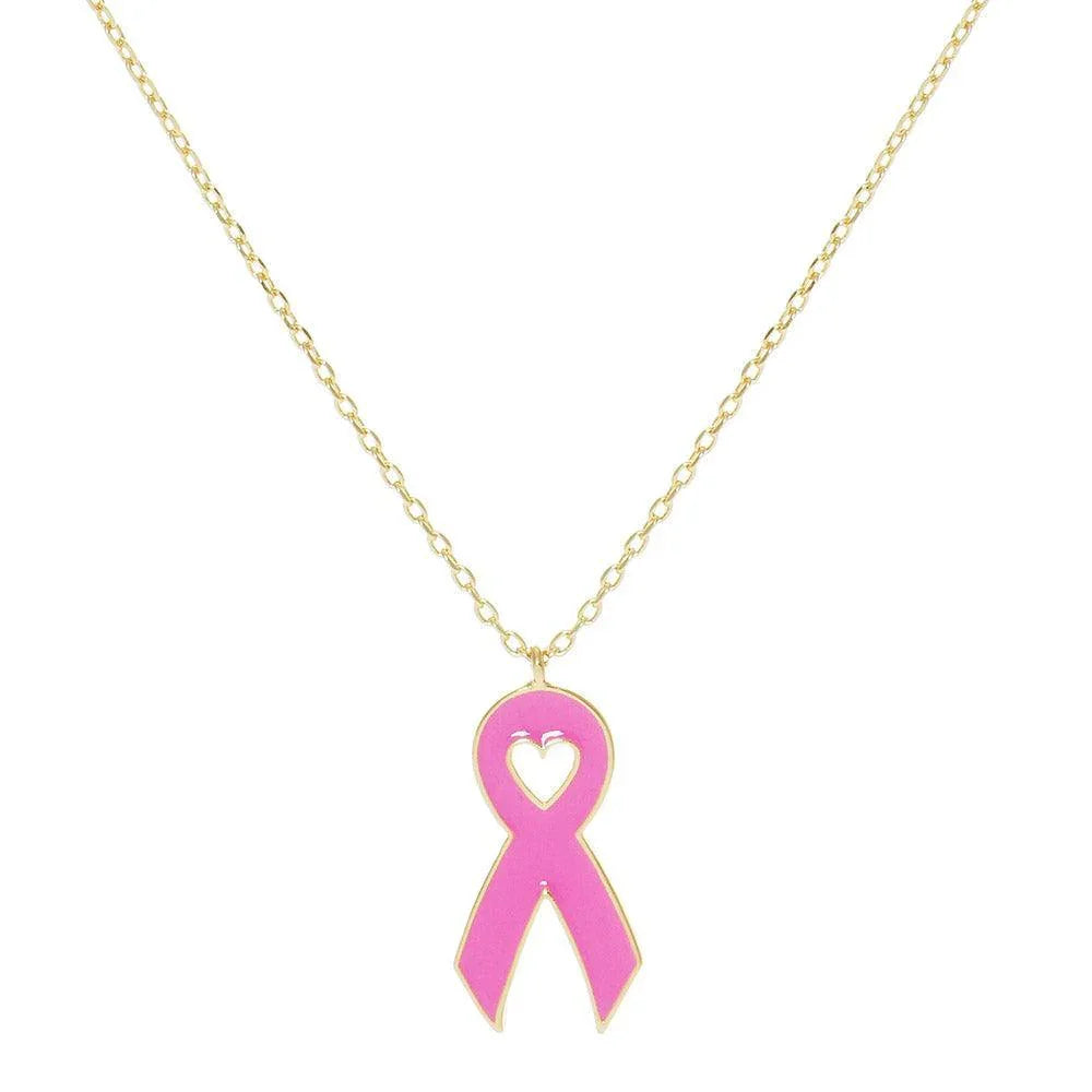 Gold Gold Dipped Enamel Pink Ribbon Pendant Necklace - Jewelry Store by Erik Rayo