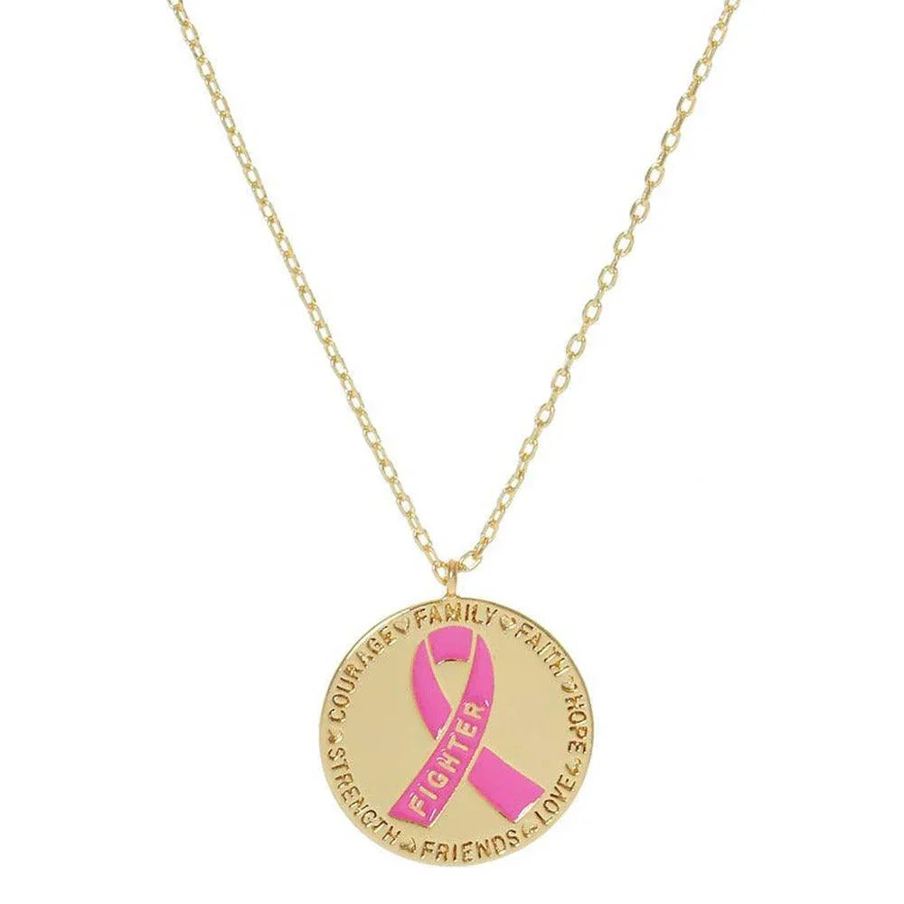 Gold Gold Dipped Enamel Pink Ribbon Accented Metal Disc Pendant Necklace - Jewelry Store by Erik Rayo