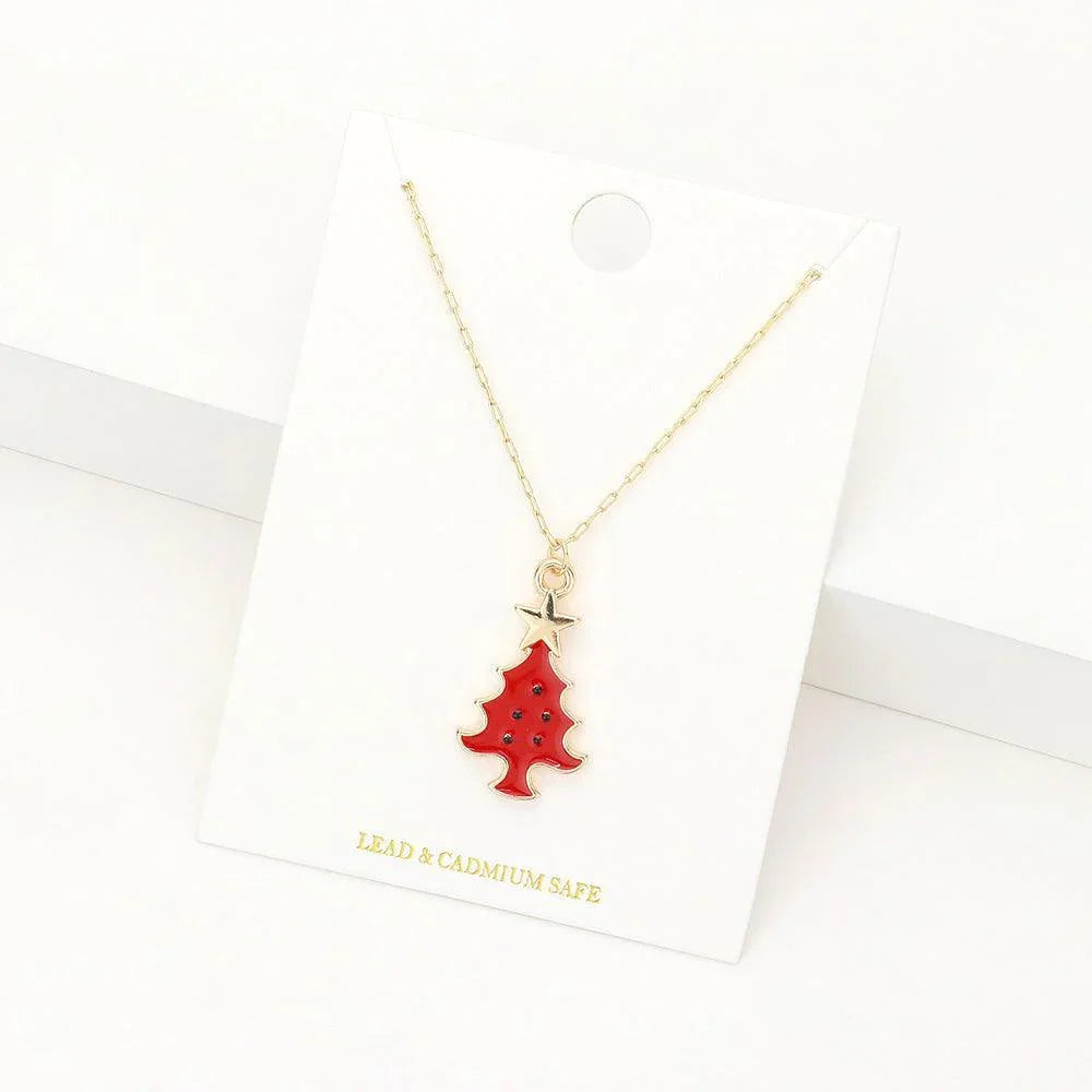 Red Enamel Christmas Tree Pendant Necklace - Jewelry Store by Erik Rayo