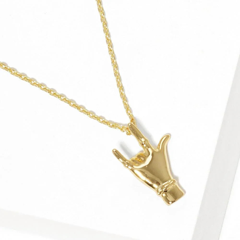 Gold Gold Dipped Metal I LOVE YOU Hand Sign Pendant Necklace - Jewelry Store by Erik Rayo