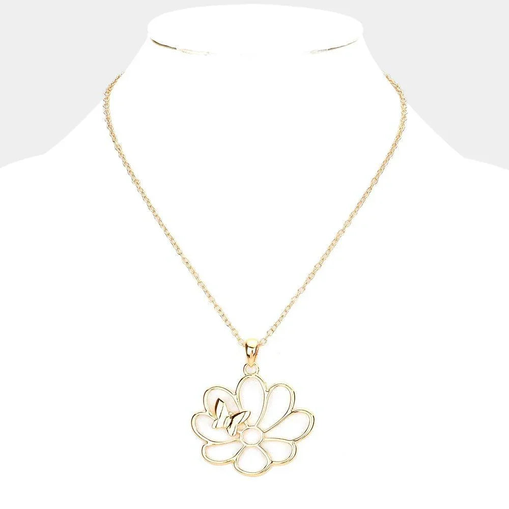 Gold Metal Cut Out Flower Butterfly 
 Pendant Necklace - Jewelry Store by Erik Rayo